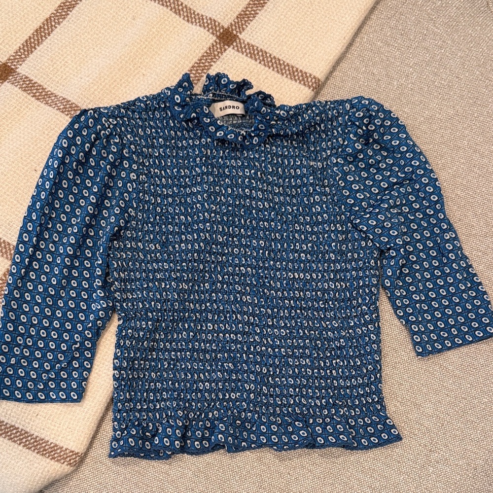 Sandro Blue Patterned Smocked Top